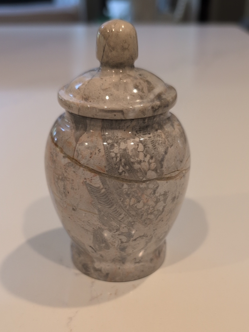 Hand-Carved Marble Lidded Decorative Jar in Cream Gray Gold Made in Mexico